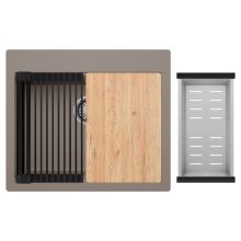 HD Infinity Tortora 58 egymedencés gránit mosogatótálca szett, vágódeszkával, matt fekete csepegtetőráccsal és krómozott kosárral, tortora színben, szálcsiszolt króm leeresztő szifonnal