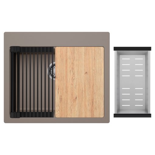 HD Infinity Tortora 58 egymedencés gránit mosogatótálca szett, vágódeszkával, matt fekete csepegtetőráccsal és krómozott kosárral, tortora színben, szálcsiszolt króm leeresztő szifonnal