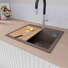 HD Infinity Tortora 58 egymedencés gránit mosogatótálca szett, vágódeszkával, matt fekete csepegtetőráccsal és krómozott kosárral, tortora színben, szálcsiszolt króm leeresztő szifonnal
