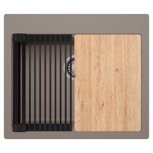 HD Infinity Tortora 58 egymedencés gránit mosogatótálca szett, vágódeszkával, matt fekete csepegtetőráccsal, tortora színben, szálcsiszolt króm leeresztő szifonnal