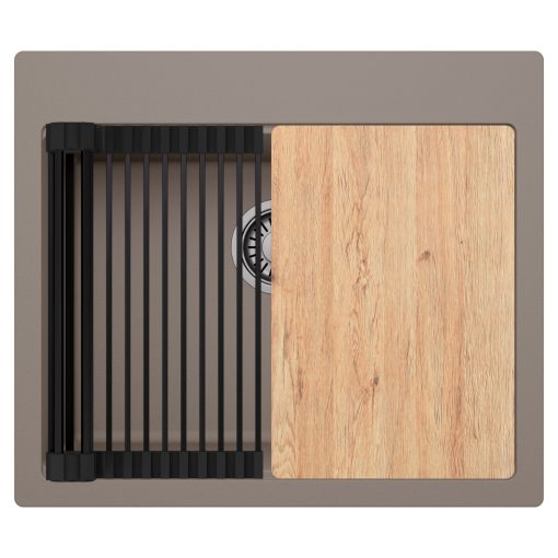 HD Infinity Tortora 58 egymedencés gránit mosogatótálca szett, vágódeszkával, matt fekete csepegtetőráccsal, tortora színben, szálcsiszolt króm leeresztő szifonnal