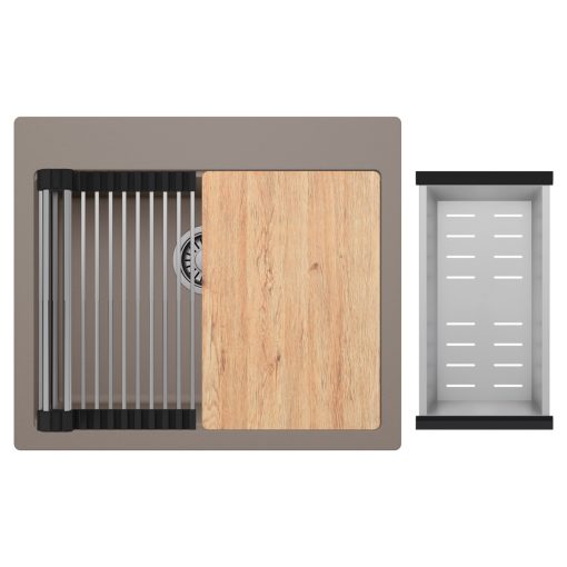 HD Infinity Tortora 58 egymedencés gránit mosogatótálca szett, vágódeszkával, acél csepegtetőráccsal és kosárral, tortora színben, szálcsiszolt króm leeresztő szifonnal