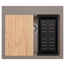 HD Infinity Tortora 58 egymedencés gránit mosogatótálca szett, vágódeszkával, matt fekete csepegtetőkosárral, tortora színben, szálcsiszolt króm leeresztő szifonnal