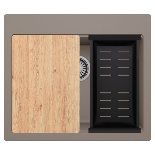 HD Infinity Tortora 58 egymedencés gránit mosogatótálca szett, vágódeszkával, matt fekete csepegtetőkosárral, tortora színben, szálcsiszolt króm leeresztő szifonnal