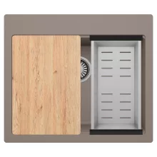 HD Infinity Tortora 58 egymedencés gránit mosogatótálca szett, vágódeszkával, acél csepegtetőkosárral, tortora színben, szálcsiszolt króm leeresztő szifonnal