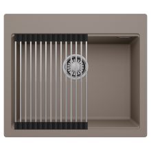 HD Infinity Tortora 58 egymedencés gránit mosogatótálca szett, acél csepegtetőráccsal, tortora színben, szálcsiszolt króm leeresztő szifonnal