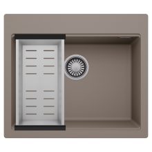 HD Infinity Tortora 58 egymedencés gránit mosogatótálca szett, acél csepegtetőkosárral, tortora színben, szálcsiszolt króm leeresztő szifonnal