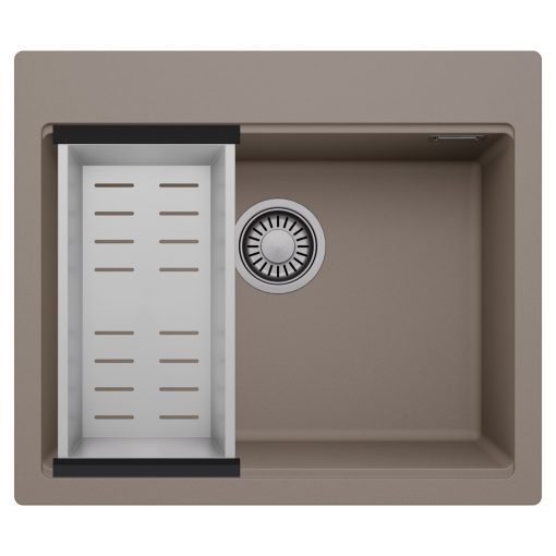 HD Infinity Tortora 58 egymedencés gránit mosogatótálca szett, acél csepegtetőkosárral, tortora színben, szálcsiszolt króm leeresztő szifonnal