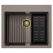 HD Infinity Tortora 58 egymedencés gránit mosogatótálca szett, matt fekete csepegtetőráccsal és kosárral, tortora színben, szálcsiszolt arany leeresztő szifonnal