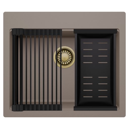 HD Infinity Tortora 58 egymedencés gránit mosogatótálca szett, matt fekete csepegtetőráccsal és kosárral, tortora színben, szálcsiszolt arany leeresztő szifonnal
