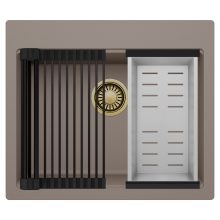 HD Infinity Tortora 58 egymedencés gránit mosogatótálca szett, matt fekete csepegtetőráccsal és krómozott kosárral, tortora színben, szálcsiszolt arany leeresztő szifonnal