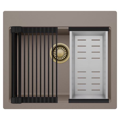 HD Infinity Tortora 58 egymedencés gránit mosogatótálca szett, matt fekete csepegtetőráccsal és krómozott kosárral, tortora színben, szálcsiszolt arany leeresztő szifonnal