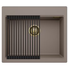 HD Infinity Tortora 58 egymedencés gránit mosogatótálca szett, matt fekete csepegtetőráccsal, tortora színben, szálcsiszolt arany leeresztő szifonnal