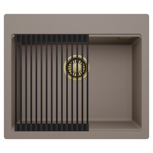HD Infinity Tortora 58 egymedencés gránit mosogatótálca szett, matt fekete csepegtetőráccsal, tortora színben, szálcsiszolt arany leeresztő szifonnal