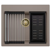 HD Infinity Tortora 58 egymedencés gránit mosogatótálca szett, acél csepegtetőráccsal és matt fekete kosárral, tortora színben, szálcsiszolt arany leeresztő szifonnal