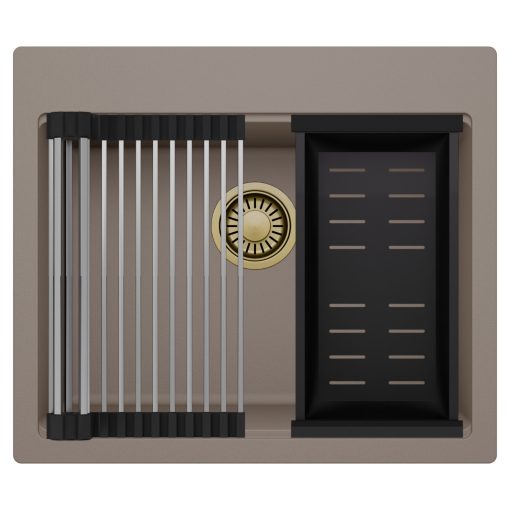 HD Infinity Tortora 58 egymedencés gránit mosogatótálca szett, acél csepegtetőráccsal és matt fekete kosárral, tortora színben, szálcsiszolt arany leeresztő szifonnal