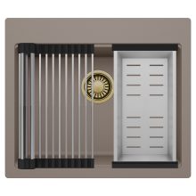HD Infinity Tortora 58 egymedencés gránit mosogatótálca szett, acél csepegtetőráccsal és kosárral, tortora színben, szálcsiszolt arany leeresztő szifonnal