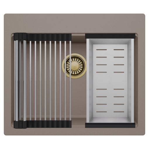 HD Infinity Tortora 58 egymedencés gránit mosogatótálca szett, acél csepegtetőráccsal és kosárral, tortora színben, szálcsiszolt arany leeresztő szifonnal