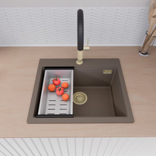 HD Infinity Tortora 58 egymedencés gránit mosogatótálca szett, acél csepegtetőráccsal és kosárral, tortora színben, szálcsiszolt arany leeresztő szifonnal