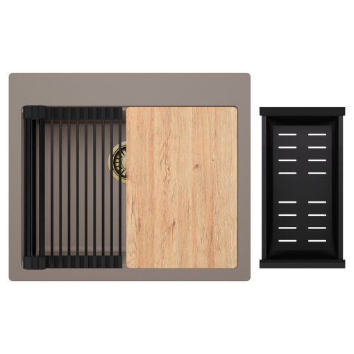 HD Infinity Tortora 58 egymedencés gránit mosogatótálca szett, vágódeszkával, matt fekete csepegtetőráccsal és kosárral, tortora színben, szálcsiszolt arany leeresztő szifonnal