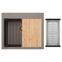 HD Infinity Tortora 58 egymedencés gránit mosogatótálca szett, vágódeszkával, matt fekete csepegtetőráccsal és krómozott kosárral, tortora színben, szálcsiszolt arany leeresztő szifonnal