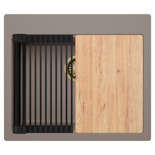 HD Infinity Tortora 58 egymedencés gránit mosogatótálca szett, vágódeszkával, matt fekete csepegtetőráccsal, tortora színben, szálcsiszolt arany leeresztő szifonnal