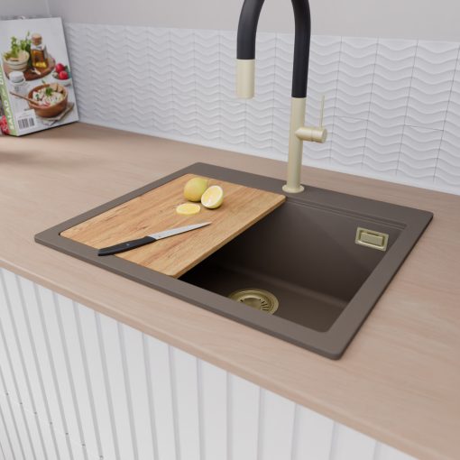 HD Infinity Tortora 58 egymedencés gránit mosogatótálca szett, vágódeszkával, acél csepegtetőráccsal, tortora színben, szálcsiszolt arany leeresztő szifonnal