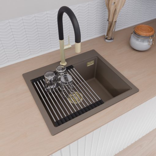 HD Infinity Tortora 58 egymedencés gránit mosogatótálca szett, vágódeszkával, acél csepegtetőráccsal, tortora színben, szálcsiszolt arany leeresztő szifonnal