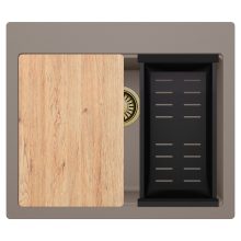 HD Infinity Tortora 58 egymedencés gránit mosogatótálca szett, vágódeszkával, matt fekete csepegtetőkosárral, tortora színben, szálcsiszolt arany leeresztő szifonnal