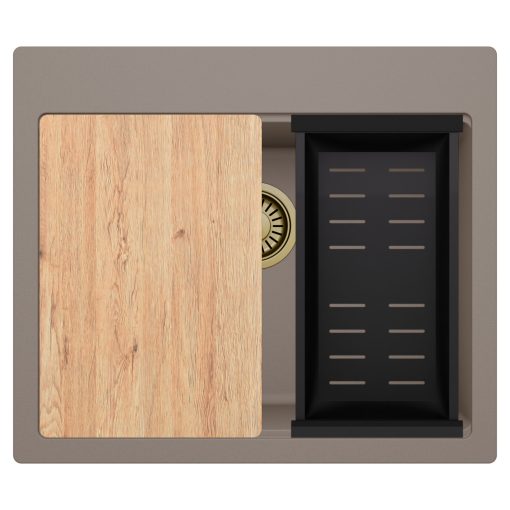 HD Infinity Tortora 58 egymedencés gránit mosogatótálca szett, vágódeszkával, matt fekete csepegtetőkosárral, tortora színben, szálcsiszolt arany leeresztő szifonnal