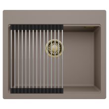 HD Infinity Tortora 58 egymedencés gránit mosogatótálca szett, acél csepegtetőráccsal, tortora színben, szálcsiszolt arany leeresztő szifonnal