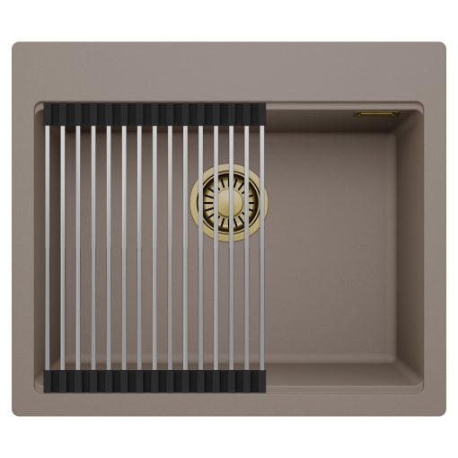 HD Infinity Tortora 58 egymedencés gránit mosogatótálca szett, acél csepegtetőráccsal, tortora színben, szálcsiszolt arany leeresztő szifonnal