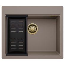 HD Infinity Tortora 58 egymedencés gránit mosogatótálca szett, matt fekete csepegtetőkosárral, tortora színben, szálcsiszolt arany leeresztő szifonnal