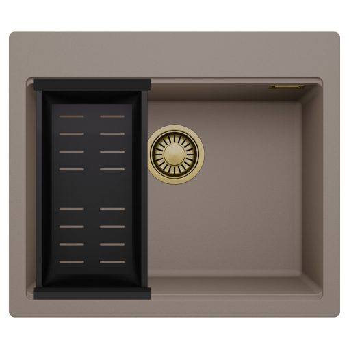 HD Infinity Tortora 58 egymedencés gránit mosogatótálca szett, matt fekete csepegtetőkosárral, tortora színben, szálcsiszolt arany leeresztő szifonnal