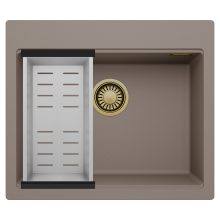 HD Infinity Tortora 58 egymedencés gránit mosogatótálca szett, acél csepegtetőkosárral, tortora színben, szálcsiszolt arany leeresztő szifonnal