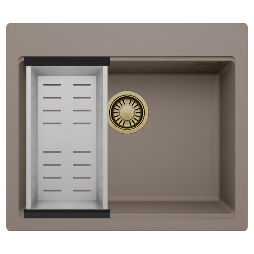HD Infinity Tortora 58 egymedencés gránit mosogatótálca szett, acél csepegtetőkosárral, tortora színben, szálcsiszolt arany leeresztő szifonnal