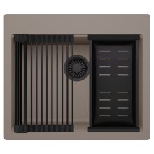 HD Infinity Tortora 58 egymedencés gránit mosogatótálca szett, matt fekete csepegtetőráccsal és kosárral, tortora színben, matt fekete leeresztő szifonnal