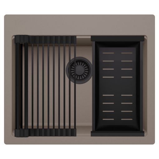 HD Infinity Tortora 58 egymedencés gránit mosogatótálca szett, matt fekete csepegtetőráccsal és kosárral, tortora színben, matt fekete leeresztő szifonnal