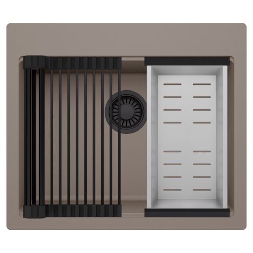 HD Infinity Tortora 58 egymedencés gránit mosogatótálca szett, matt fekete csepegtetőráccsal és krómozott kosárral, tortora színben, matt fekete leeresztő szifonnal