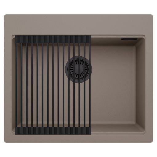 HD Infinity Tortora 58 egymedencés gránit mosogatótálca szett, matt fekete csepegtetőráccsal, tortora színben, matt fekete leeresztő szifonnal