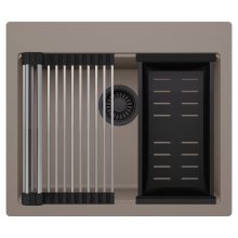 HD Infinity Tortora 58 egymedencés gránit mosogatótálca szett, acél csepegtetőráccsal és matt fekete kosárral, tortora színben, matt fekete leeresztő szifonnal