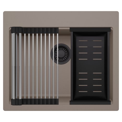 HD Infinity Tortora 58 egymedencés gránit mosogatótálca szett, acél csepegtetőráccsal és matt fekete kosárral, tortora színben, matt fekete leeresztő szifonnal
