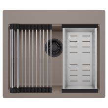 HD Infinity Tortora 58 egymedencés gránit mosogatótálca szett, acél csepegtetőráccsal és kosárral, tortora színben, matt fekete leeresztő szifonnal