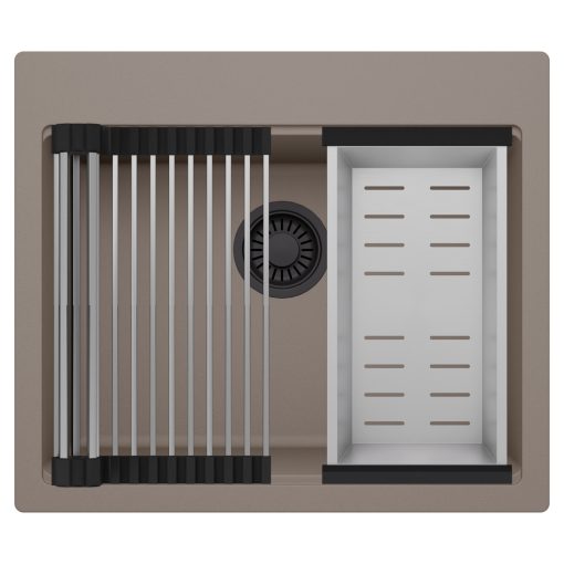 HD Infinity Tortora 58 egymedencés gránit mosogatótálca szett, acél csepegtetőráccsal és kosárral, tortora színben, matt fekete leeresztő szifonnal