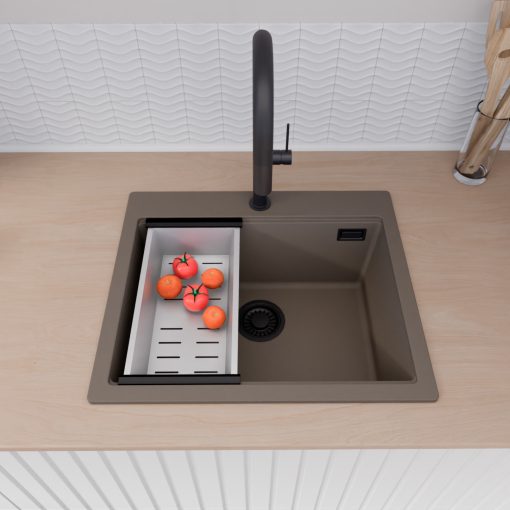 HD Infinity Tortora 58 egymedencés gránit mosogatótálca szett, acél csepegtetőráccsal és kosárral, tortora színben, matt fekete leeresztő szifonnal