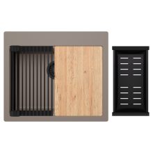 HD Infinity Tortora 58 egymedencés gránit mosogatótálca szett, vágódeszkával, matt fekete csepegtetőráccsal és kosárral, tortora színben, matt fekete leeresztő szifonnal