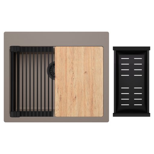 HD Infinity Tortora 58 egymedencés gránit mosogatótálca szett, vágódeszkával, matt fekete csepegtetőráccsal és kosárral, tortora színben, matt fekete leeresztő szifonnal