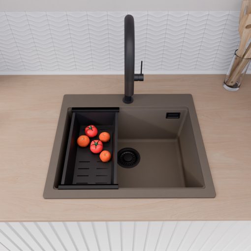 HD Infinity Tortora 58 egymedencés gránit mosogatótálca szett, vágódeszkával, matt fekete csepegtetőráccsal és kosárral, tortora színben, matt fekete leeresztő szifonnal
