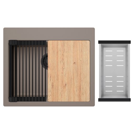 HD Infinity Tortora 58 egymedencés gránit mosogatótálca szett, vágódeszkával, matt fekete csepegtetőráccsal és krómozott kosárral, tortora színben, matt fekete leeresztő szifonnal