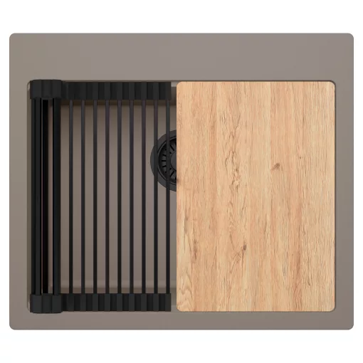 HD Infinity Tortora 58 egymedencés gránit mosogatótálca szett, vágódeszkával, matt fekete csepegtetőráccsal, tortora színben, matt fekete leeresztő szifonnal